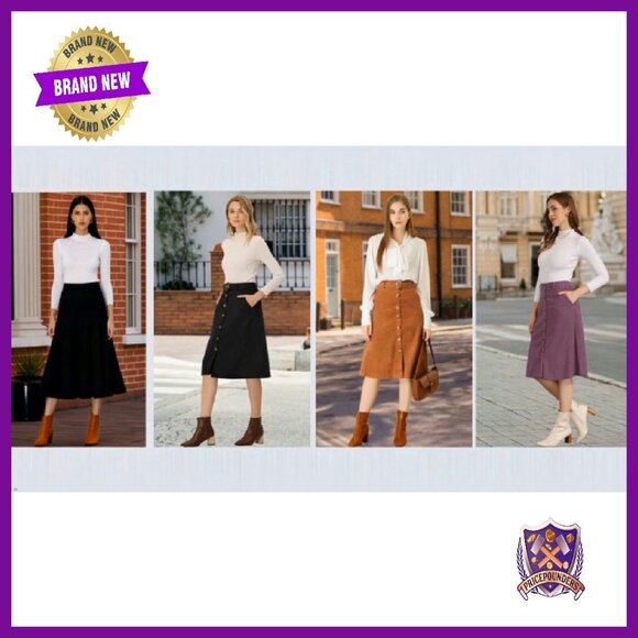 High Waist Corduroy Midi Skirt with Belt, Button Front A-Line - Picture 7 of 8